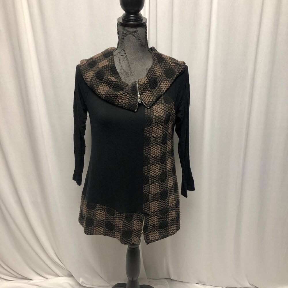 Creation Top Womens Size Small Black Brown Stretch Textured Cowl Neck Sweater